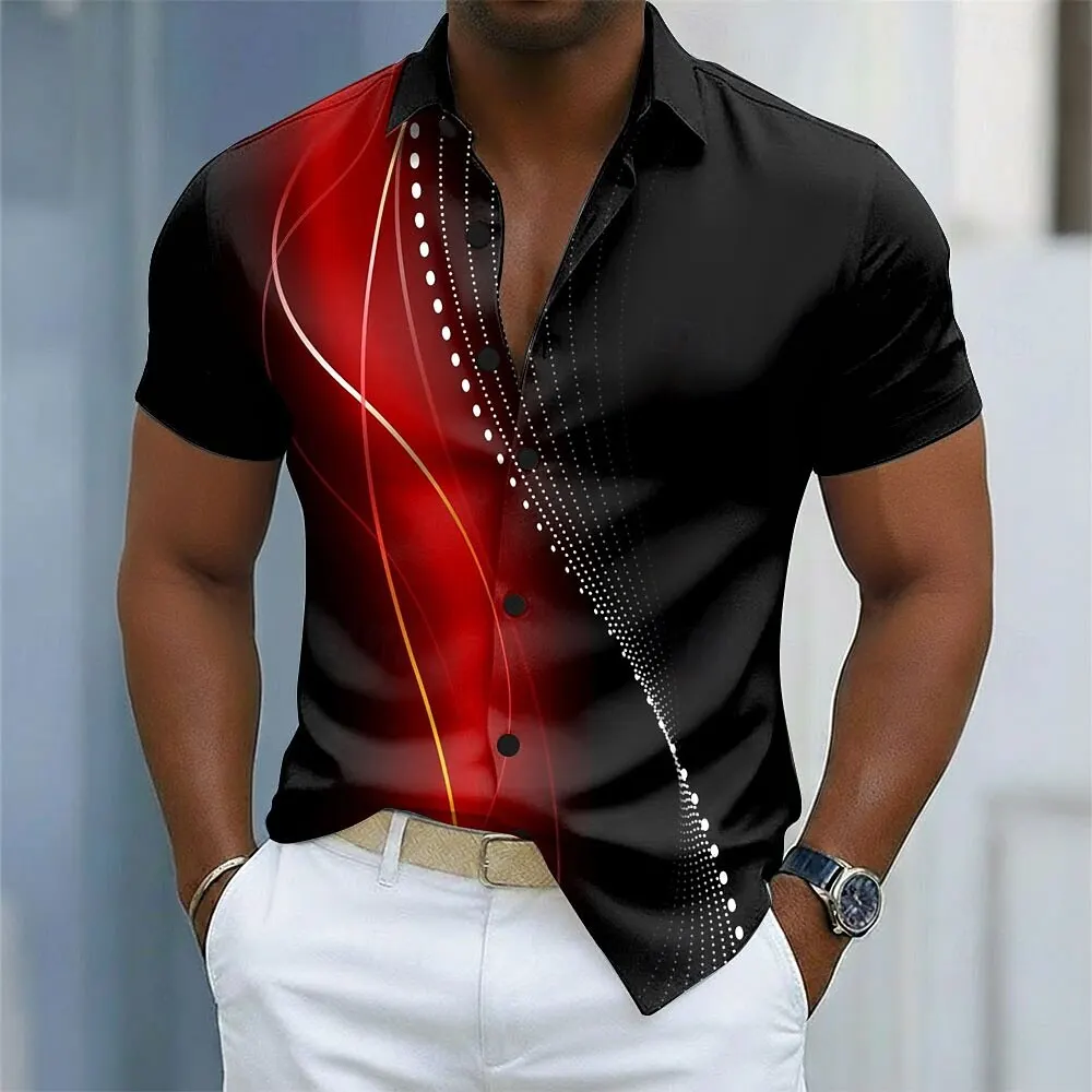 

Men's Gradient Waves Geometric Shirt Button Up Short Sleeve 3D Print Turndown Shirt Black Red