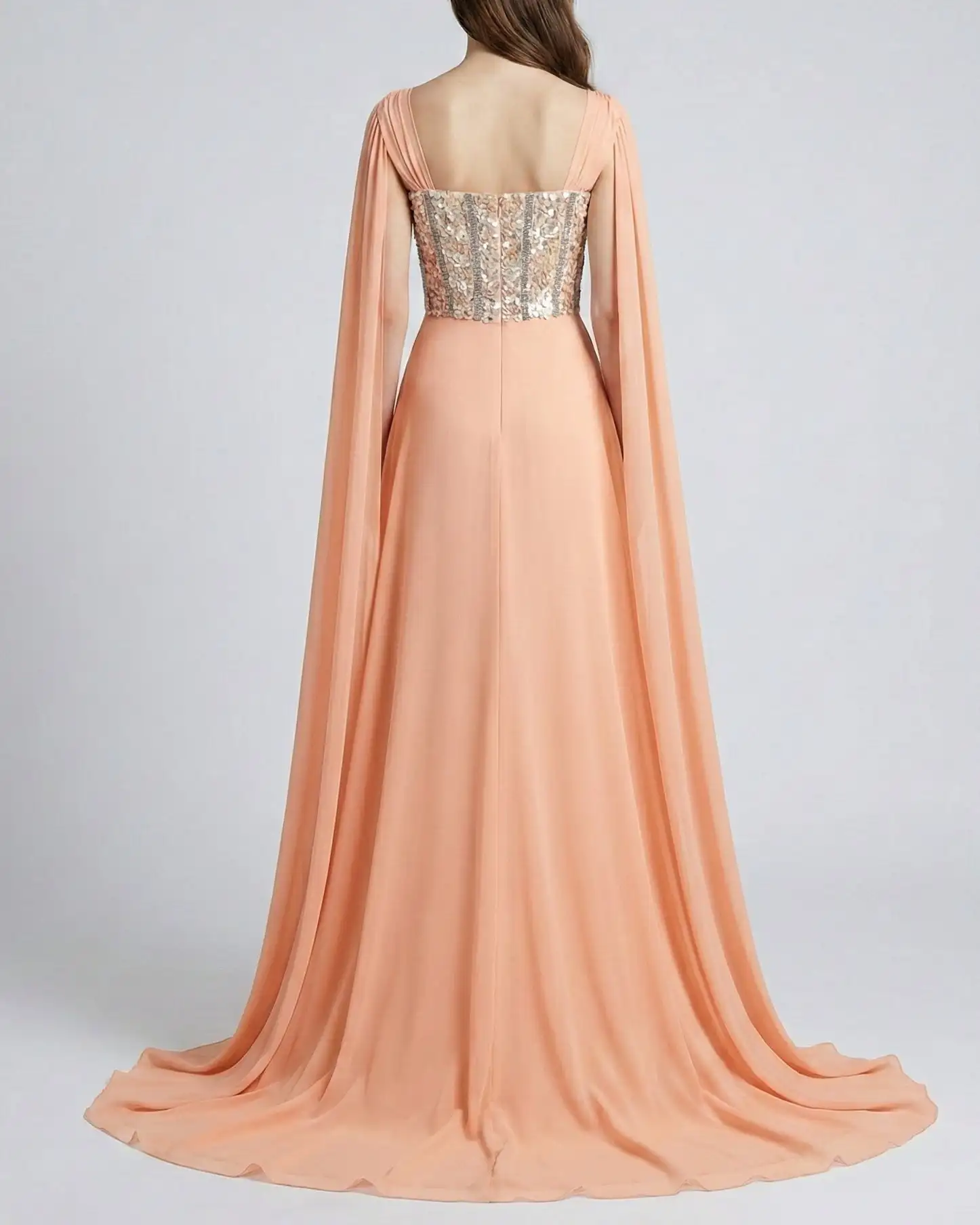 Aunber Elegant Peach A-Line Shawl Cape Evening Dresses Chest with Handmade Sequins Beads Sweep Train Celebrity Prom Gowns 2026