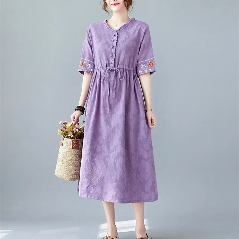 

2024 New Embroidery Floral Fashion Women Casual Spring Summer Dress Cozy Cotton Linen Jacquard Office Lady Work Midi Dress H22