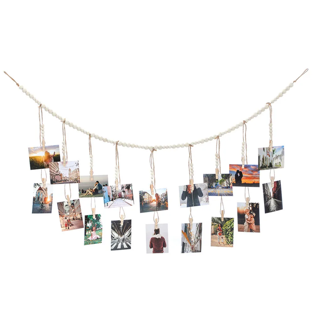 1pc Hanging Photo Frame With 18 Clips, Boho Wood Bead Decor Hanging Frame Clip For Dorm, Classroom, Bedroom, Home Room Office De
