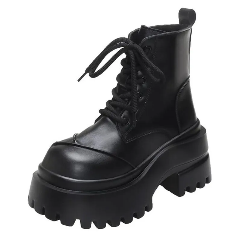 العلامة التجارية النساء أحذية عالية منصة القوطية الجلود فاسق حذاء الإناث الكاحل قصيرة أحذية قتالية 9 سنتيمتر إسفين الكعوب مكتنزة دراجة نارية الأحذية #3