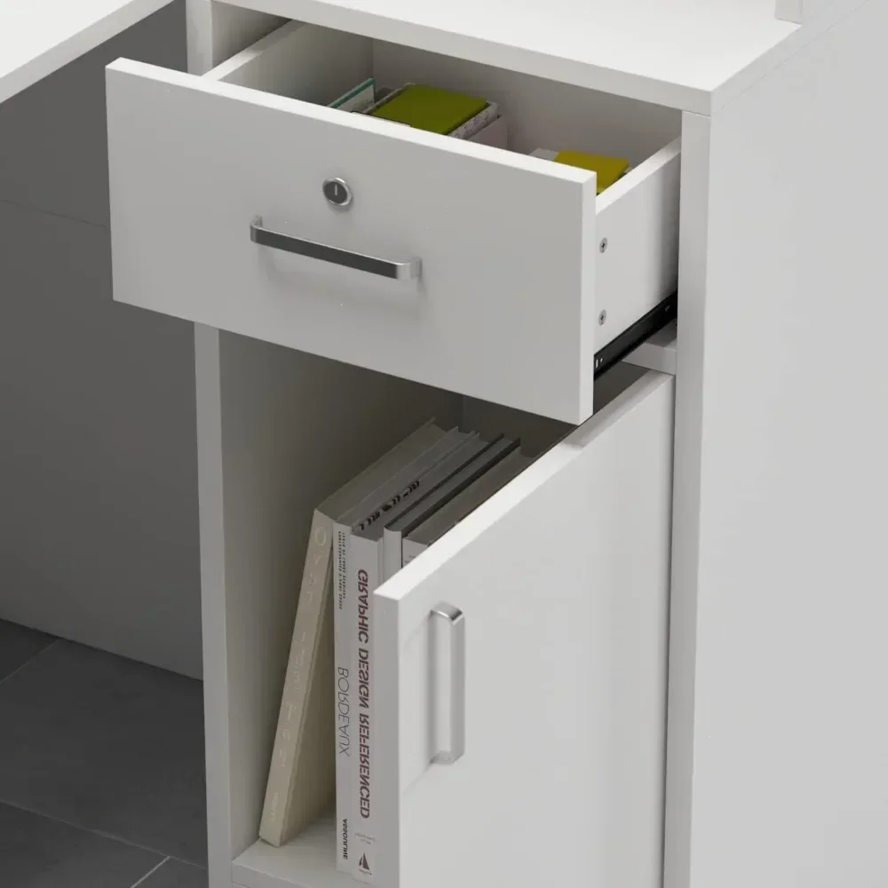 Reception Desk with Counter Drawers & Storage Shelves,L-Shaped Reception Counter Table for Salon Reception Room Checkout Office