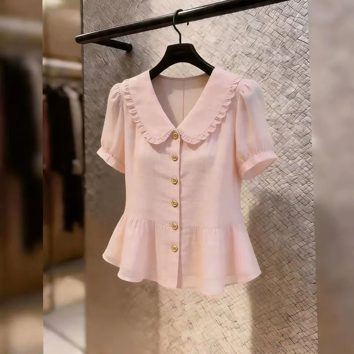 Sweet Style Short Sleeve Babydoll Collar Shirt Floral Trim Unique Design Fashionable Top Women's Clothing Polyester Material