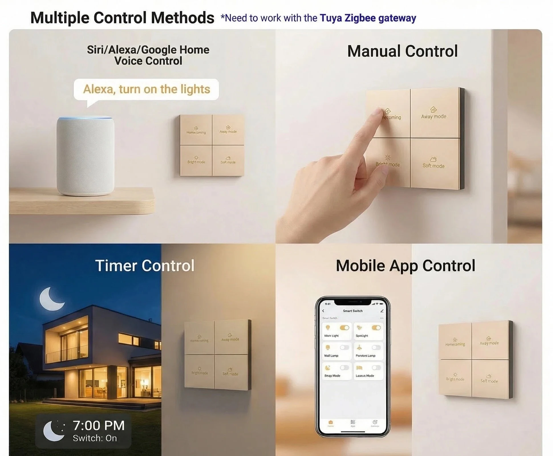 Tuya Zigbee Smart Switch UK EU 1 2 3 4 Gang Aluminum Smart Wall Light Switch Work Alexa Google Home for Home Assistant System M8