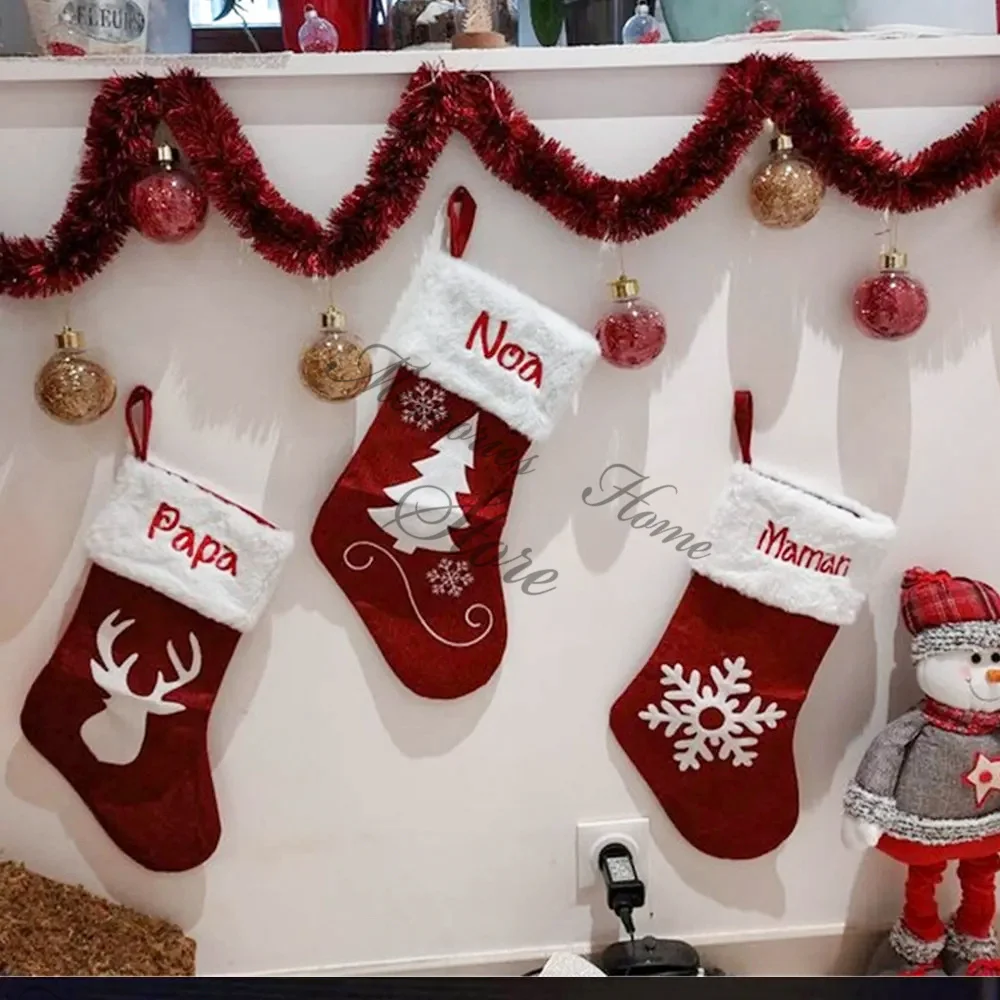 

Merry Christmas Embroidered Name Decoration Socks Large Deer Pattern Christmas Decorative Socks Christmas Kids Candy Gift Bags