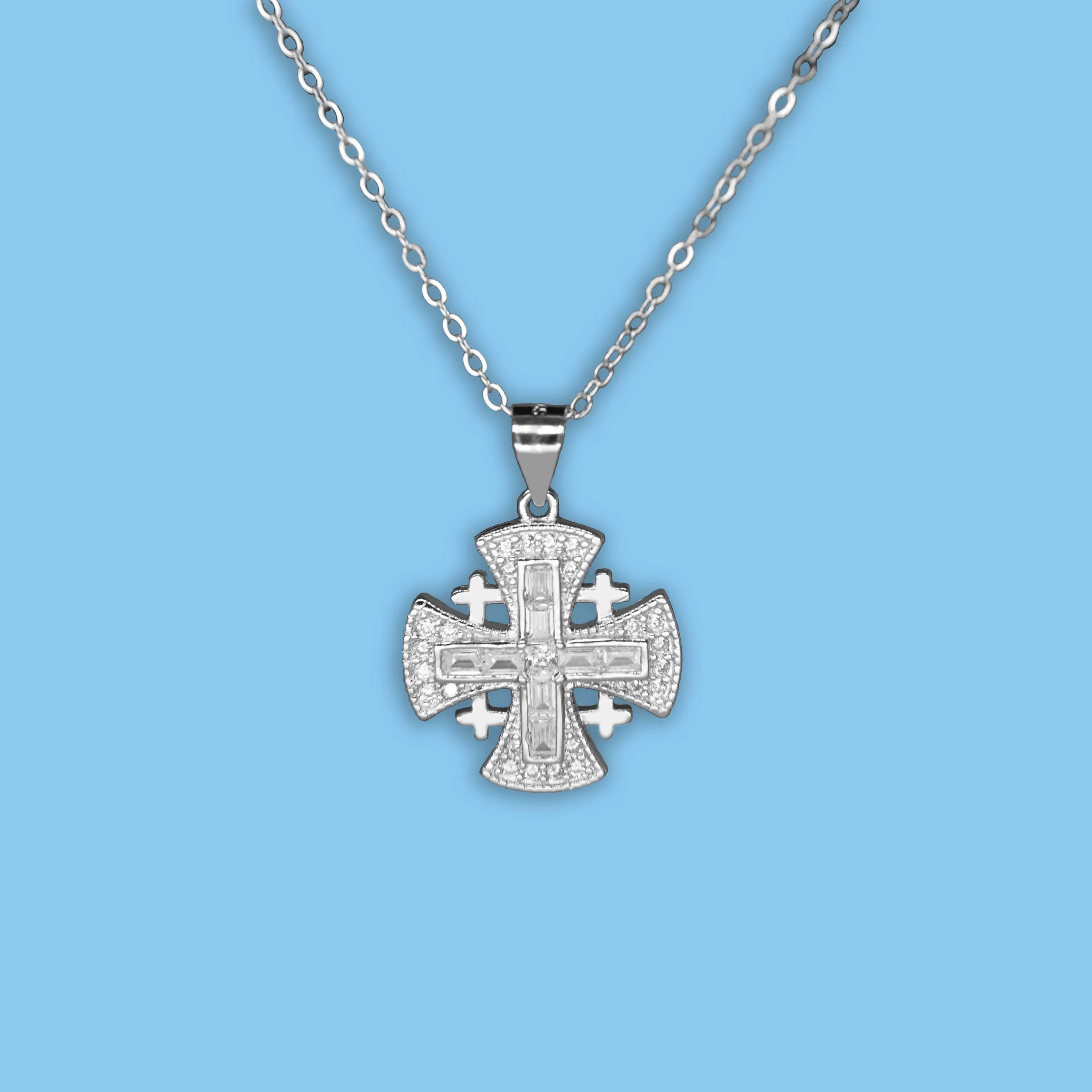 Jerusalem Cross Silver 925 Sterling Pendant Necklace for Women Girls Vintage Crusader Style Georgia Symbol Emblem Jewelry