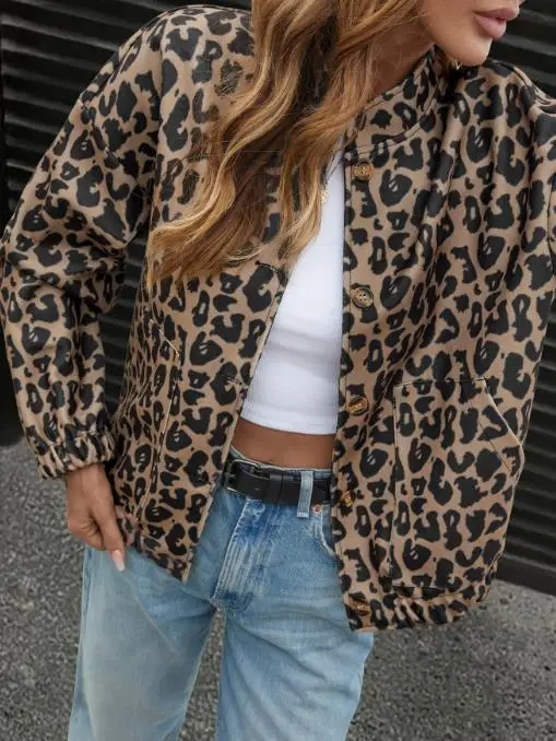 2025 New Personalized Trend Retro Style Stand Up Collar Leopard Print Jacket for Women In Spring and Autumn
