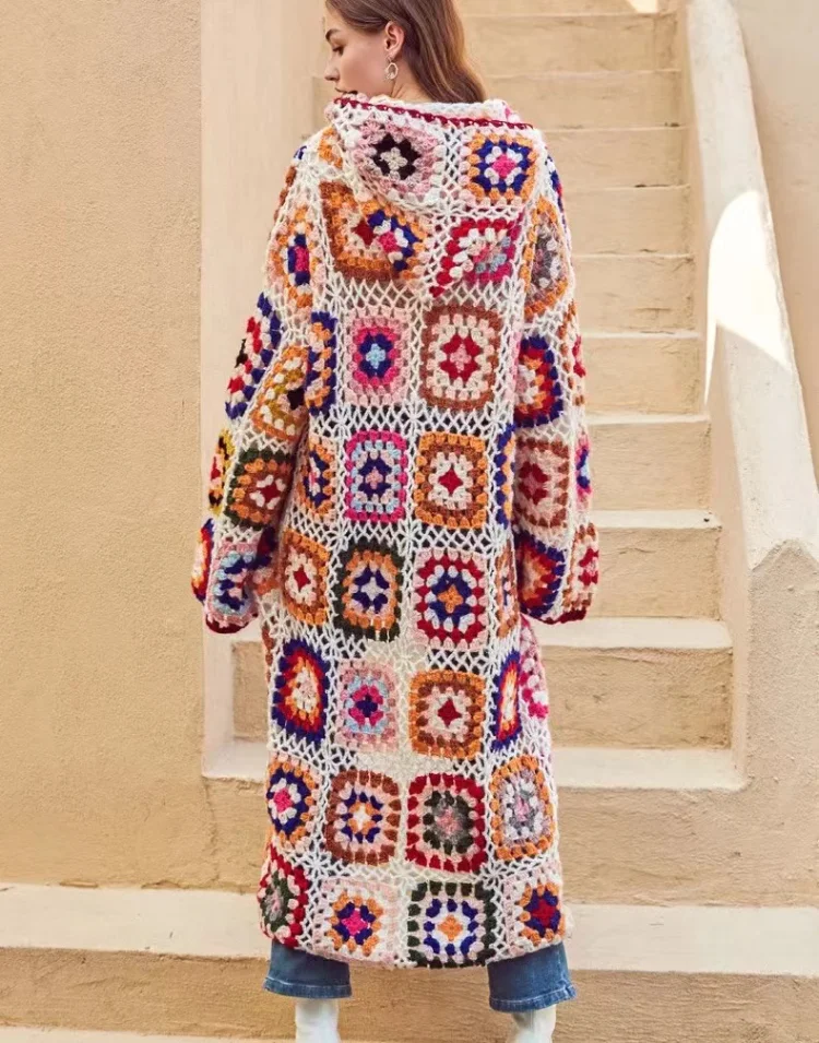Boho Ethnic Floral Crocheted Knit Sweater Coat Retro Embroidery Chic Oversize Hooded Coats Mohair Women Sweaters