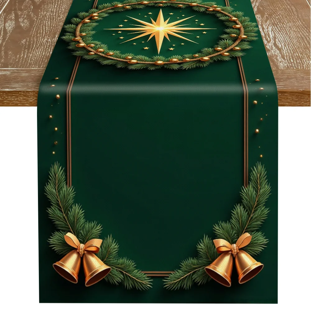 1 Piece of Christmas Themed Table Runner, Dark Green Background with Golden Starbursts, Pine Branches, and Bell Patterns, Suitable for Christmas Dinners, Holiday Parties, Family Gatherings, Themed Cafes, B&B Decorations, Christmas Markets, Warm Tea Parties, Holiday Gifts