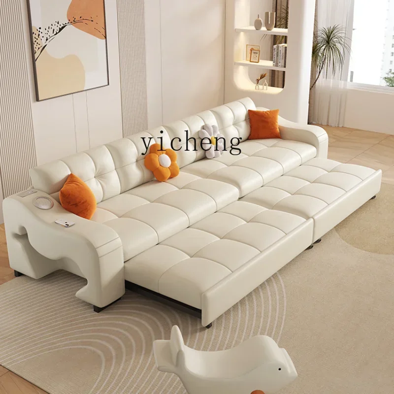

Leather Sofa Bed Dual-Use Multi-Functional Small Apartment Foldable Living Room Double with Storage Cream Style