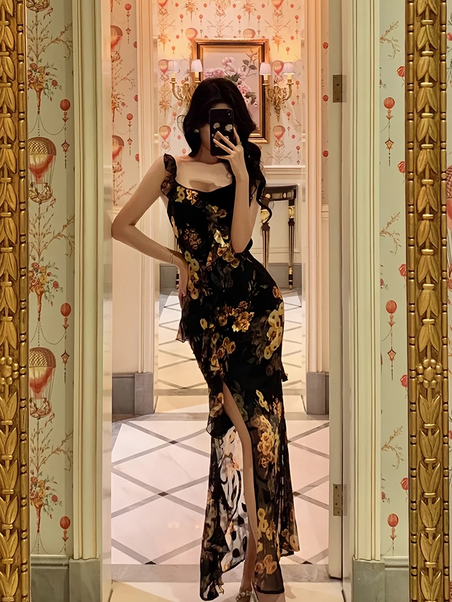 ReddaChic Damska Sukienka z Szyfonu w Kwiaty z Falbankami, Krótkie Rękawy, Kwadratowy Dekolt, Top na Ramiączkach, Rozcięcie, Długa Sukienka typu Rybka, Letnia Odzież w Stylu Boho