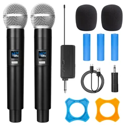 Dupla sem fio Handheld Microfone Dinâmico Karaoke Microfone com Recarregável Receptor para Wedding Party Speech Church Club