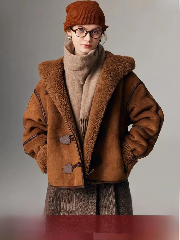 

Женская замшевая шуба Thiened с капюшоном из натуральной кожи и меха, высококачественная зимняя верхняя одежда на пуговицах, корейская одежда