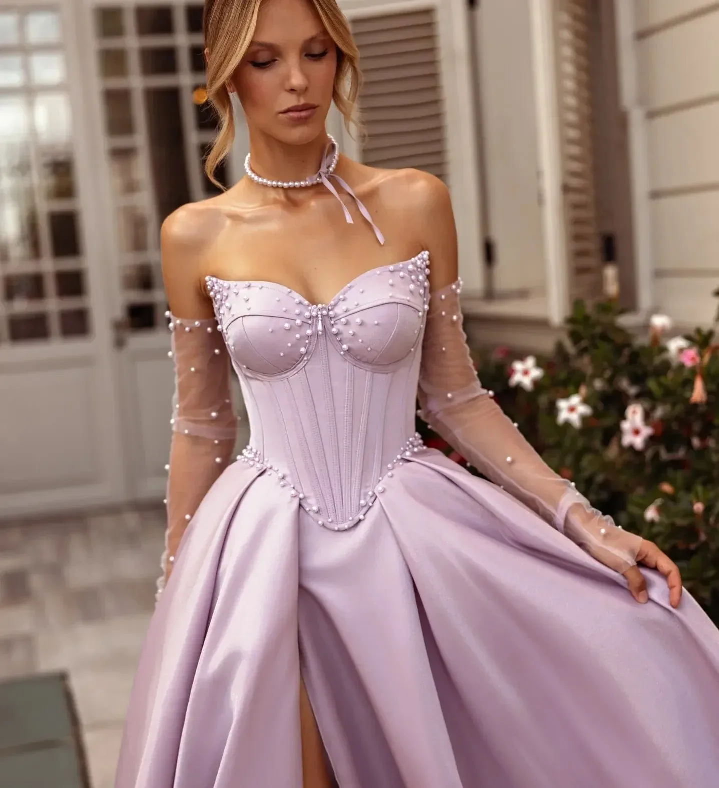 Elegante abito da sera color lavanda Sweetheart con spacco alto Perle in raso A-line Abiti lunghi da ballo formale Banchetto Robe De Soiree