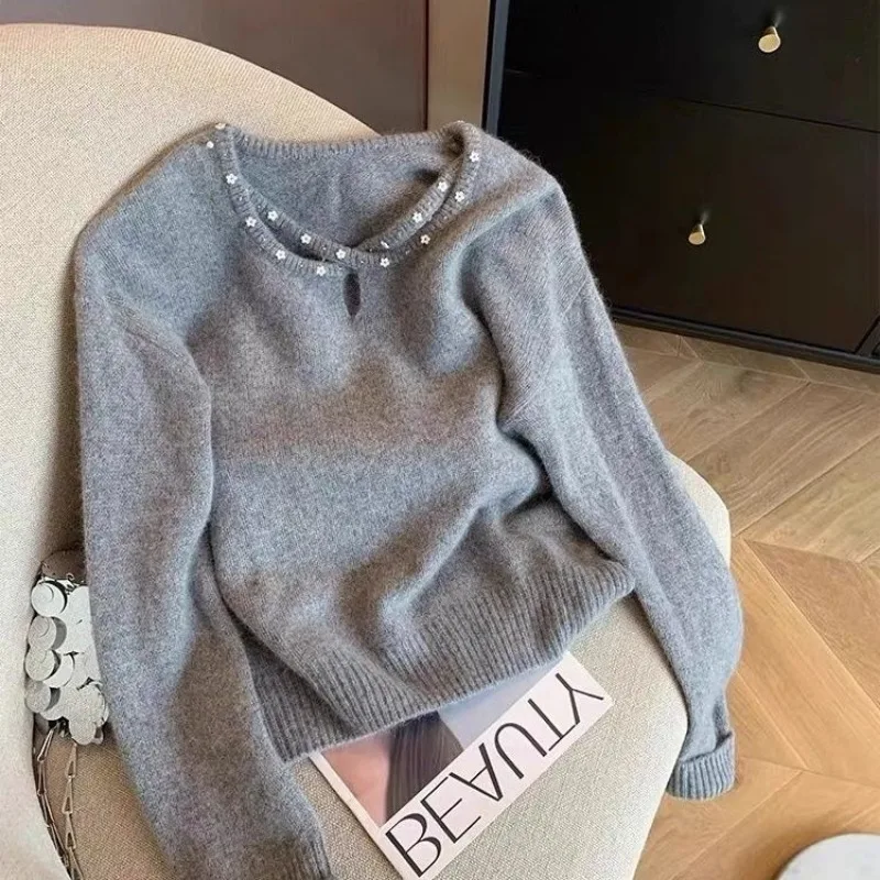 

Women's Gray Flower Beaded Sweater Autumn and Winter Korean Style All-match Western Style Pullover Sweater