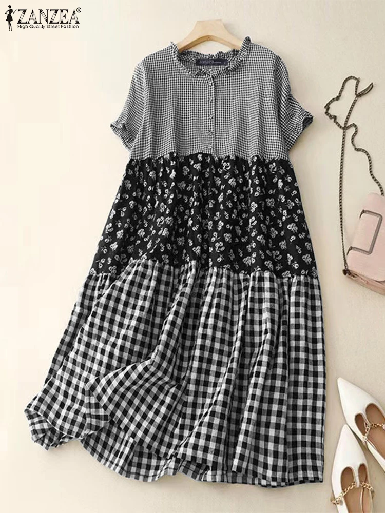 Frauen Sommerkleid ZANZEA 2025, Sommer Casual Lose Kurzarm Robe Mode Plaid Langes Kleid Urlaub Plissee Nähte Hemd Kleid