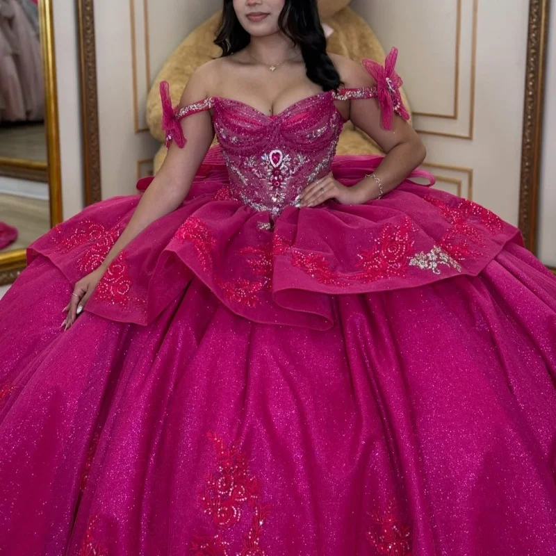 Magenta Quinceanera Dress Glitter Crystal Beadwork Decal Long tail off-shoulder Layering Bow Vestidos De 15 Quinceanera ﻿Customi