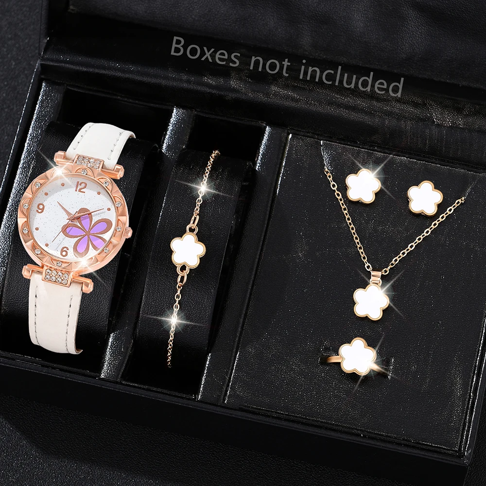 5PCS/Set Geneva Women Watch Heart Pearls Jewelry Set Casual Silicone Band Female Quartz Wrist Watch