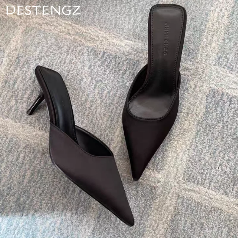 Pantoufles pointues en daim à talons mi-hauts pour femmes, chaussures peu profondes, chaussures Parker, créateur tendance, printemps 2025