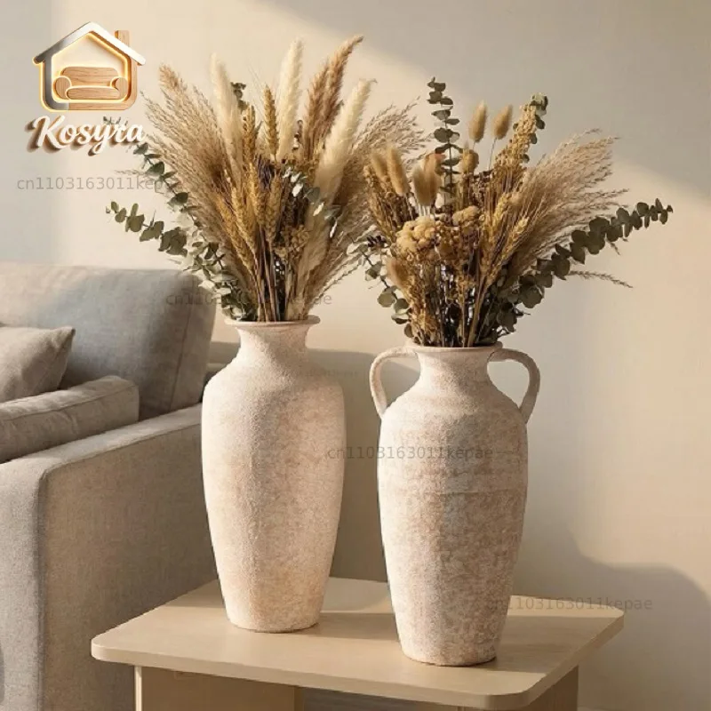 French rural imitation coarse pottery metal vase high-end sense retro pottery flower ware home living room desktop dried flower