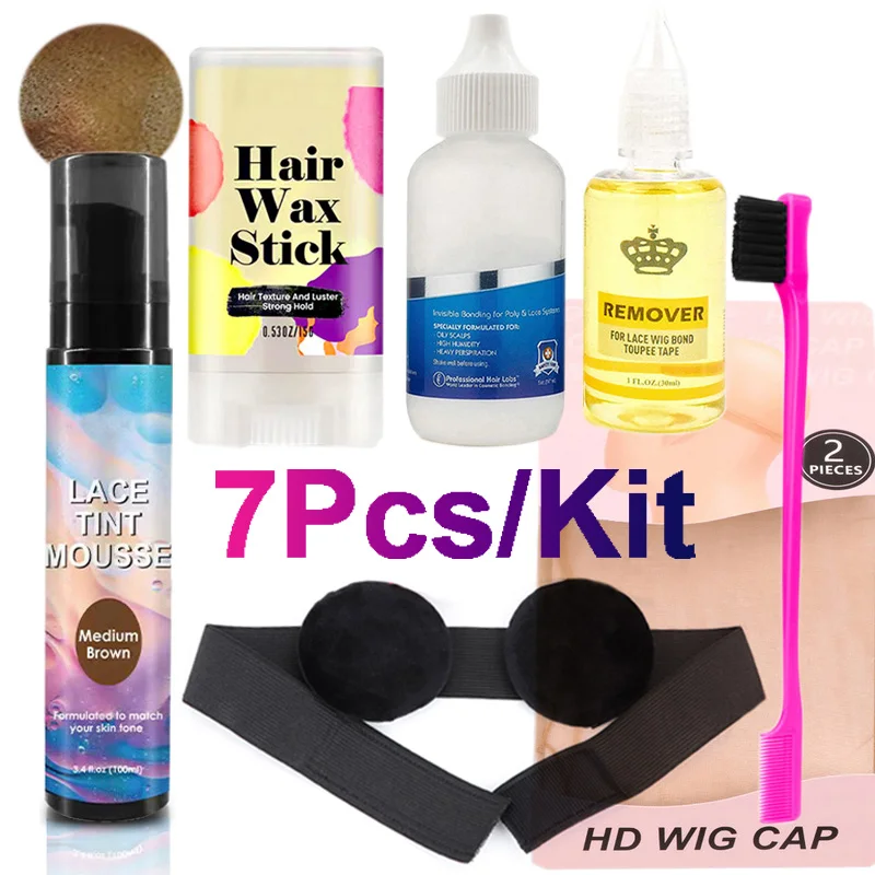 

Wig Installation Kit 7Pcs Lace Front Wig Glue Lace Tint Mousse Hd Wig Caps Wig Band Hair Wax Stick Wig Accessory Essentials Kit