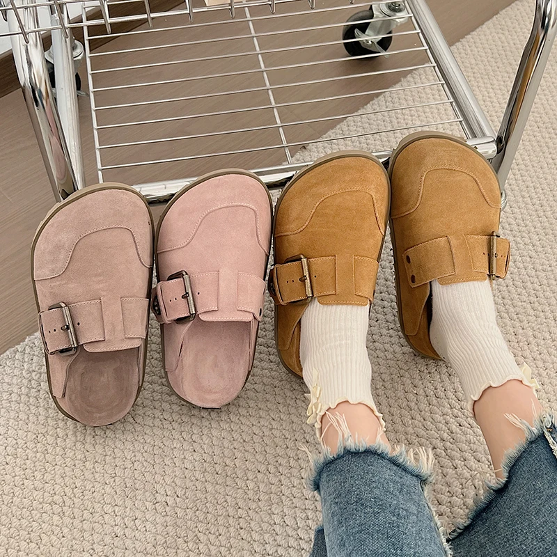 

Shoes Woman 2024 Female Slippers Flock Luxury Slides Cover Toe Loafers Med New Designer Flat PU Rome Retro Fabric Rubber