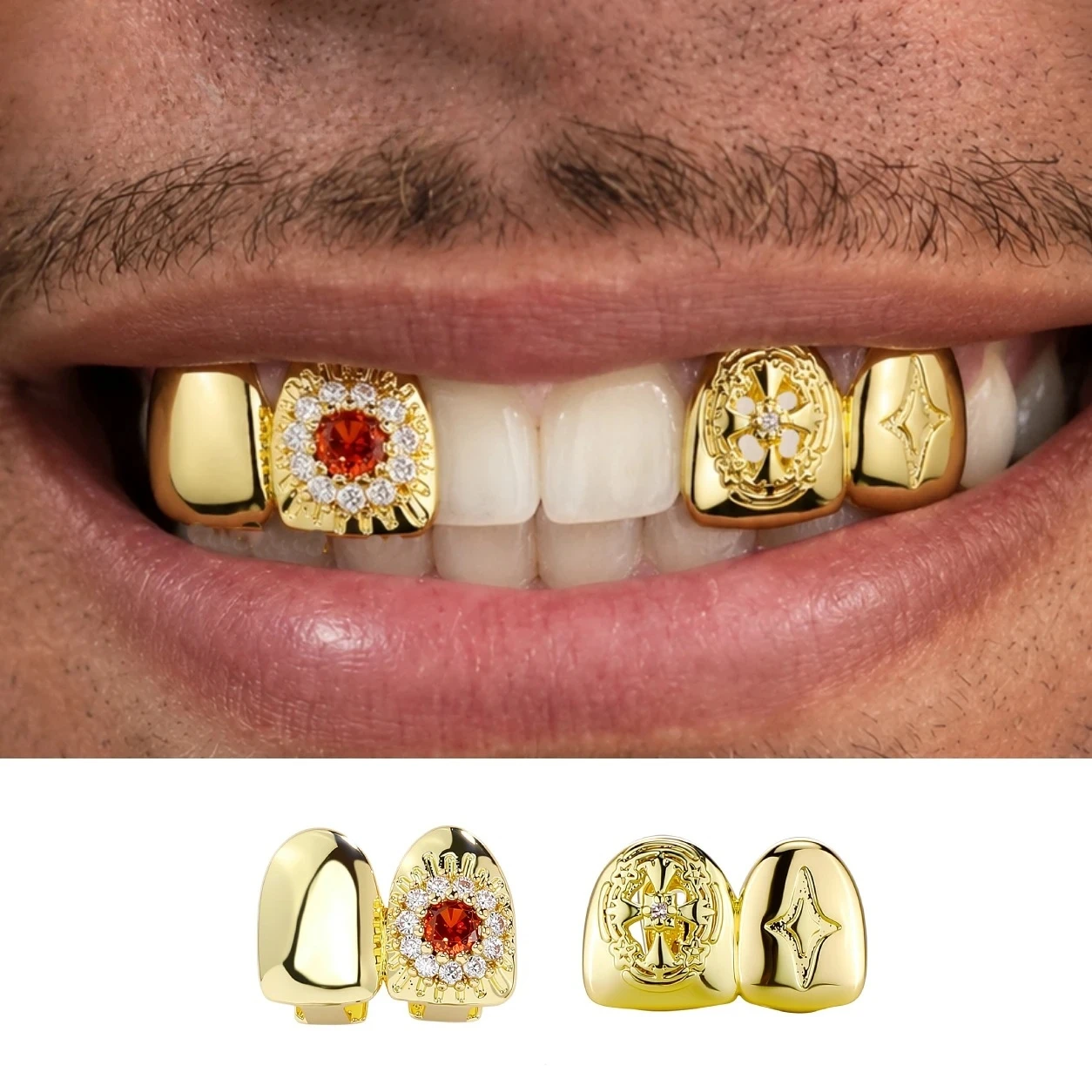 Bestselling Hip-hop Gold Plated Cross Copper Embossment Sunflower Grillz Set 2Pcs for Men & Women Hardcore Streetwear Jewelry