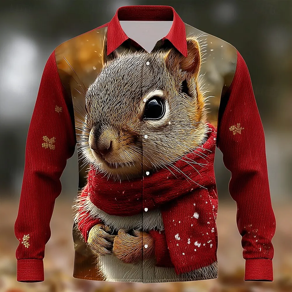 Christmas Squirrel Pattern Long Sleeve Shirts Men's Women's 3D Print Casual Lapel Shirt Fashion Loose Casual Comfortable Clothes