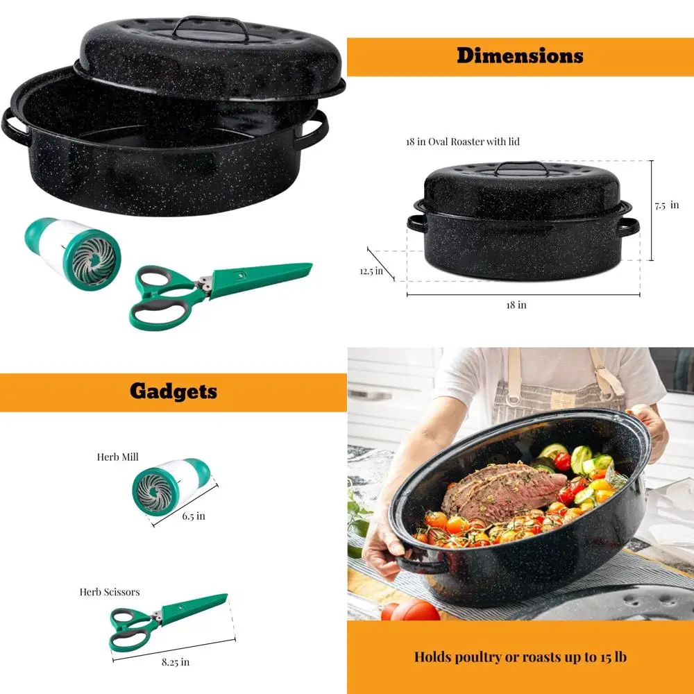 

Набор для обжарки из эмалированной стали, 4 предмета с крышкой, 18 дюймов, крапчатый черный дизайн, идеально подходит для выпечки и обжарки