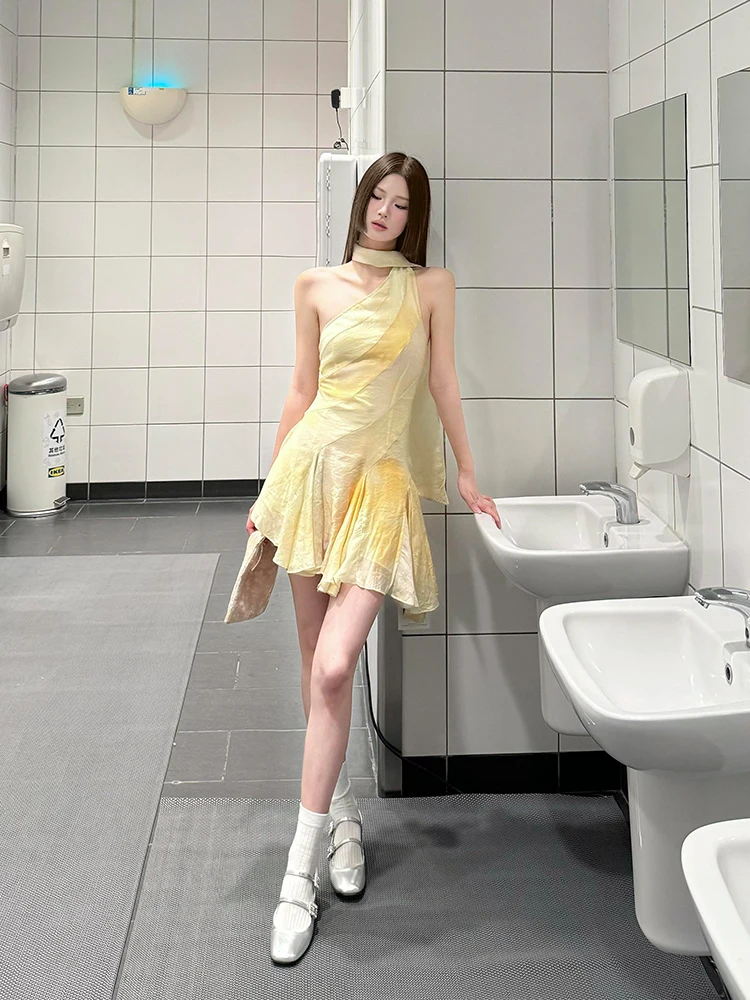 

Желтая юбка-трапеция SYJ ujia в корейском стиле с завышенной талией для полных женщин, летняя, сладко-острая, короткая, А-силуэт