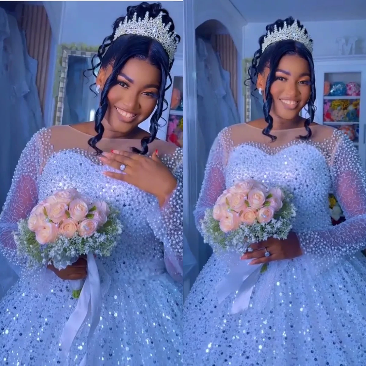 

Customized 2026 Elegant African Style Wedding Dress With Round Neck Long Sleeved Off White Pearl Sequins Backless Straps