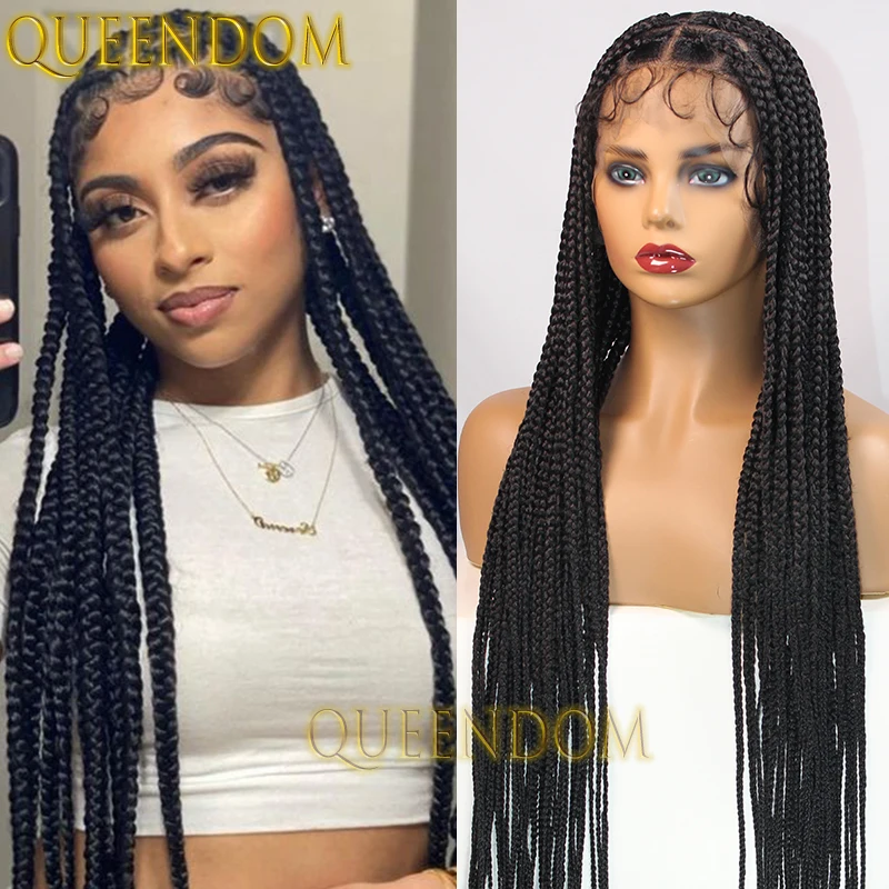 Synthetic 36 Inch Long Lace Wig Knotless Heart Shape Braided Handmade Crochet Wig 360 Full Lace Cornrows Part Braids Goddess Wig