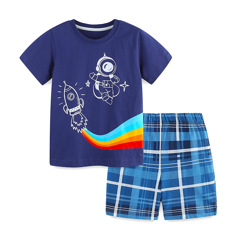 Boys Astronaut and Rocket Short Set Shirt and Plaid Shorts Outfit for Kids Summer 2 Piece Kids Clothing 2-7 Years