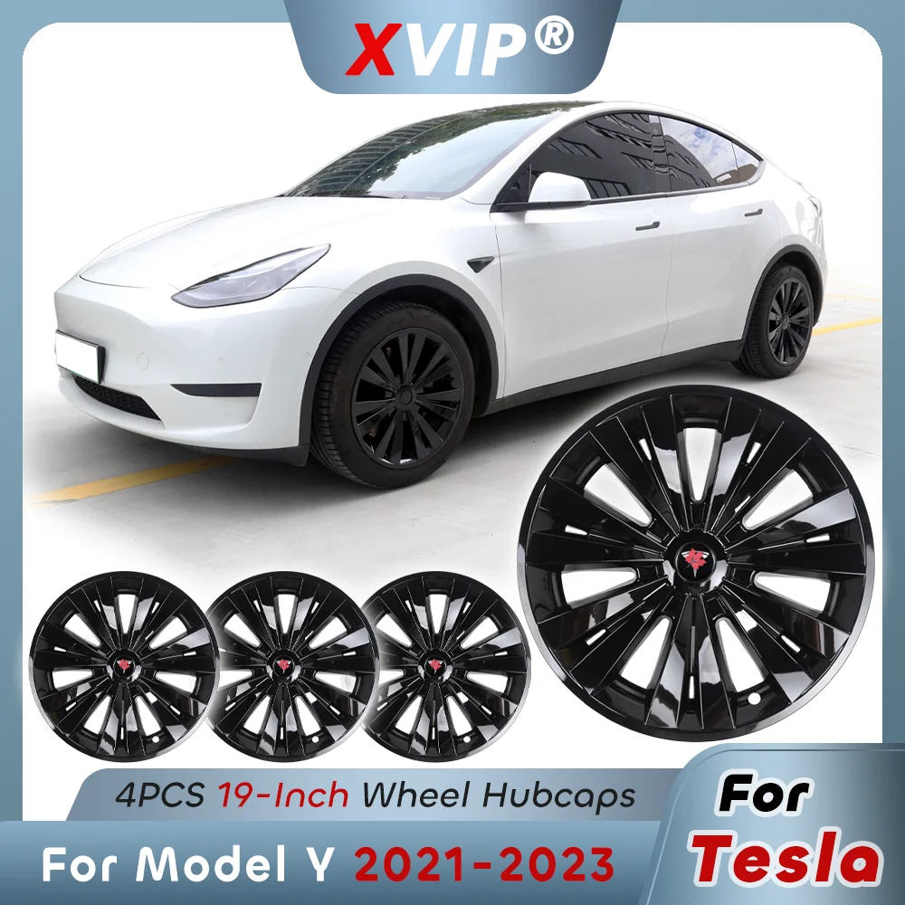 XVIP ABS 19\'\' Thunder Style HubCaps Glossy Black Performance Wheel Full Rim Covers Replacement Accessory For Tesla Model Y 21-23