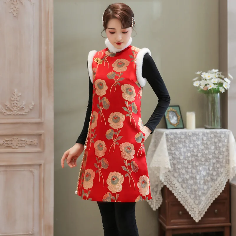 Winter China Mid-length Vest Sleeveless Padded Jacket Tang Suit Traditional Vintage Gilet Women Red Chinese New Year Clothing