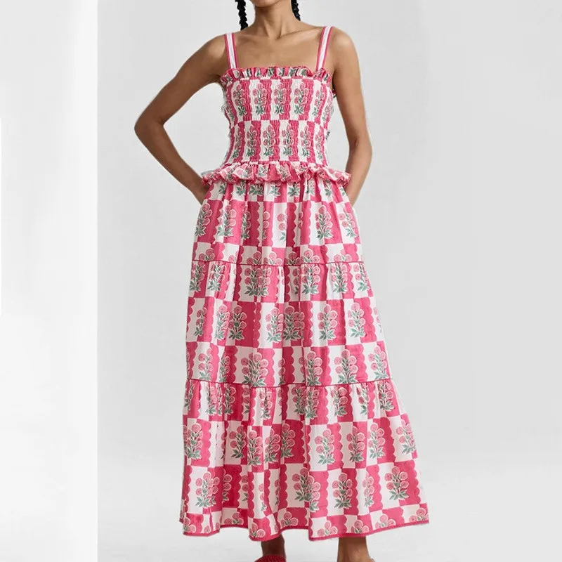 

Floral Printed Holiday Long Dresses Women 2025 Summer Spaghetti Strap Ruffle Patchwork Elegant French Dress Vestidos De Festa
