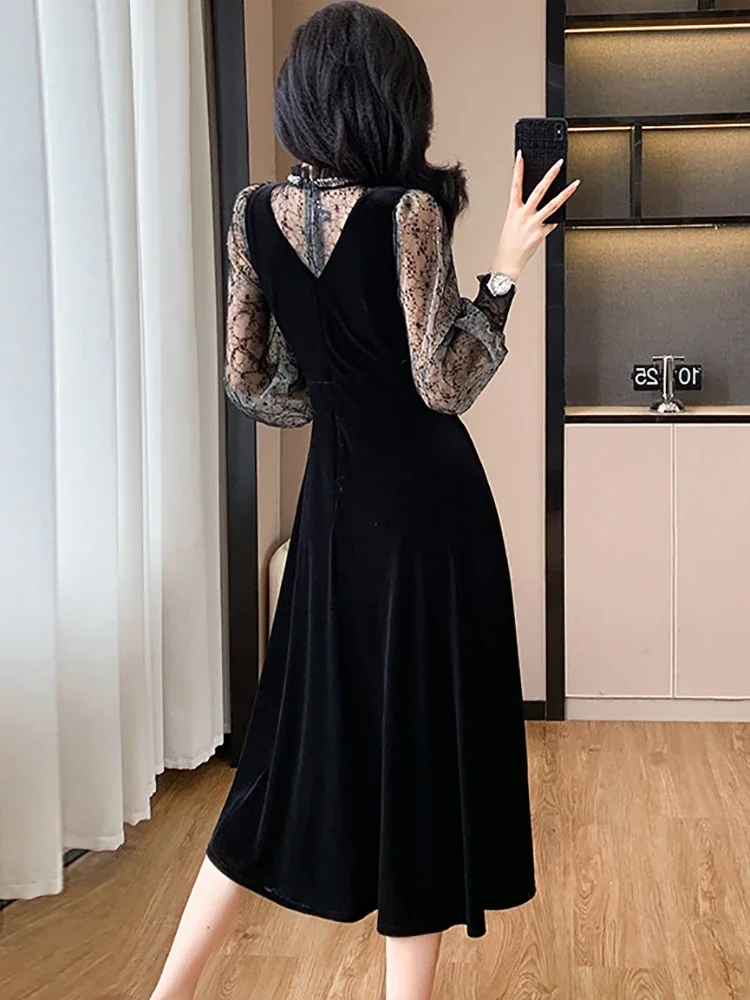 Koreańska sukienka damska Vintage Luxury Eveing Dress Autumn Winter Black Velvet Patchwork Mesh Sheer Dress 2024 Elegancka sukienka imprezowa Bodycon