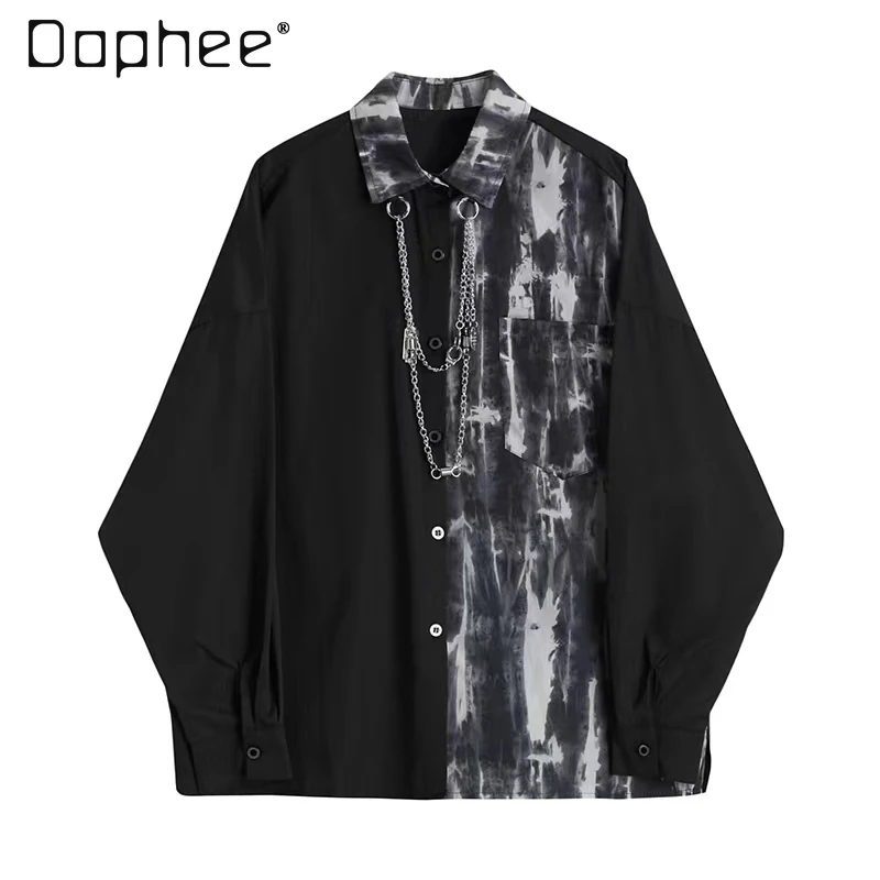 2025 Spring and Autumn New Chain Turn-down Collar Long Sleeve Men's Black Blue Shirt Loose Casual Couple Black Gray Shirt