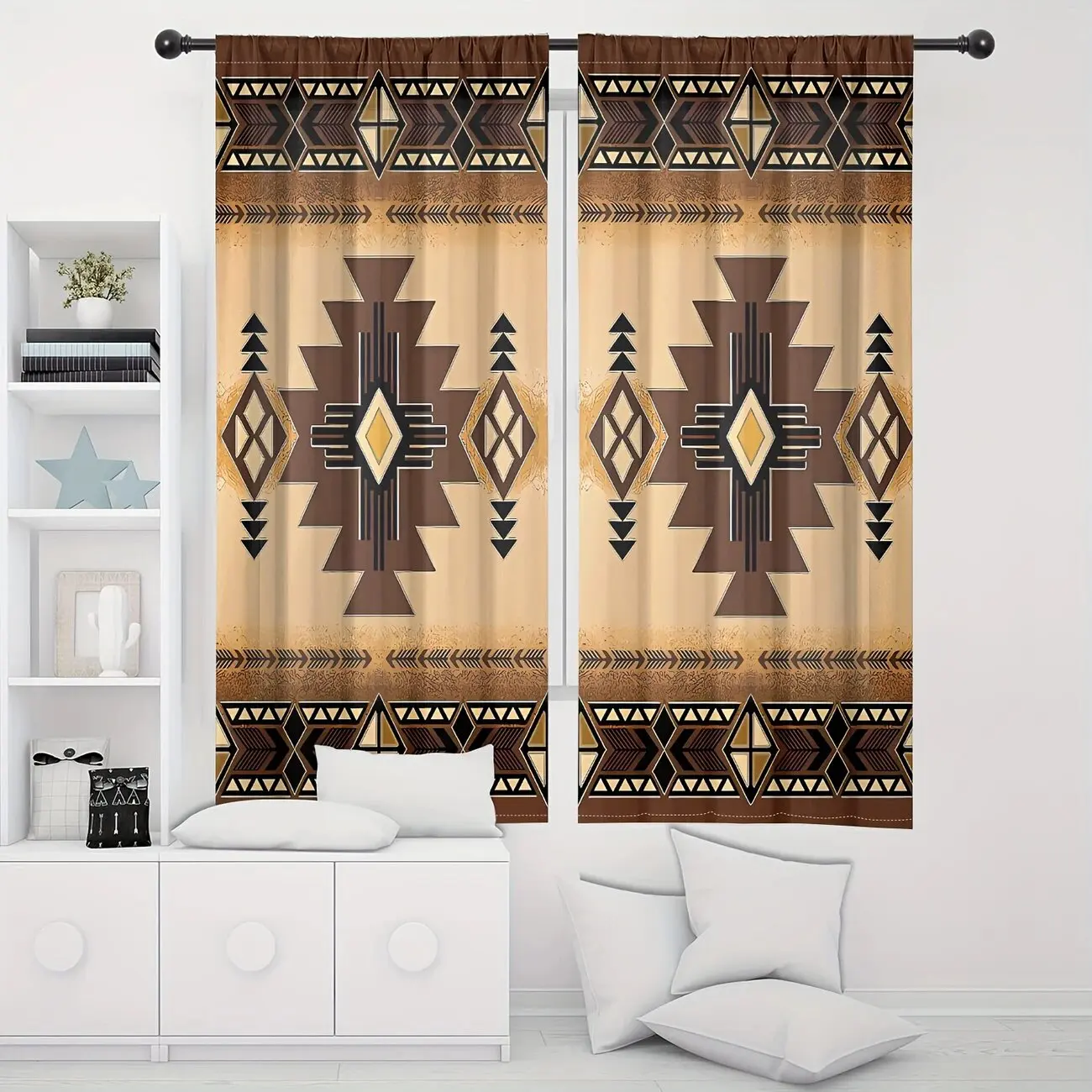 2 pieces of Retro Bohemian Aztec printed curtains, bedroom and living room, home decoration, room decoration