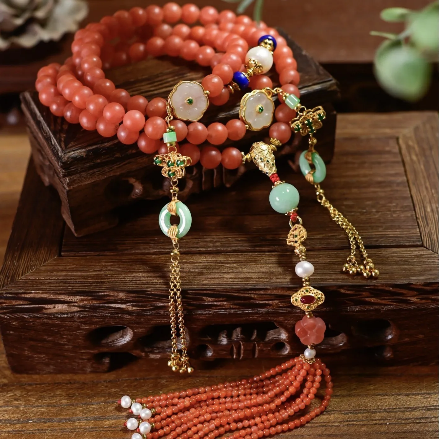 108 Natural Red Agate Beads Long Necklace Sweater Chain, Freshwater Pearl Lapis Jade Hetian, Multi-Gemstone Jewelry Gift