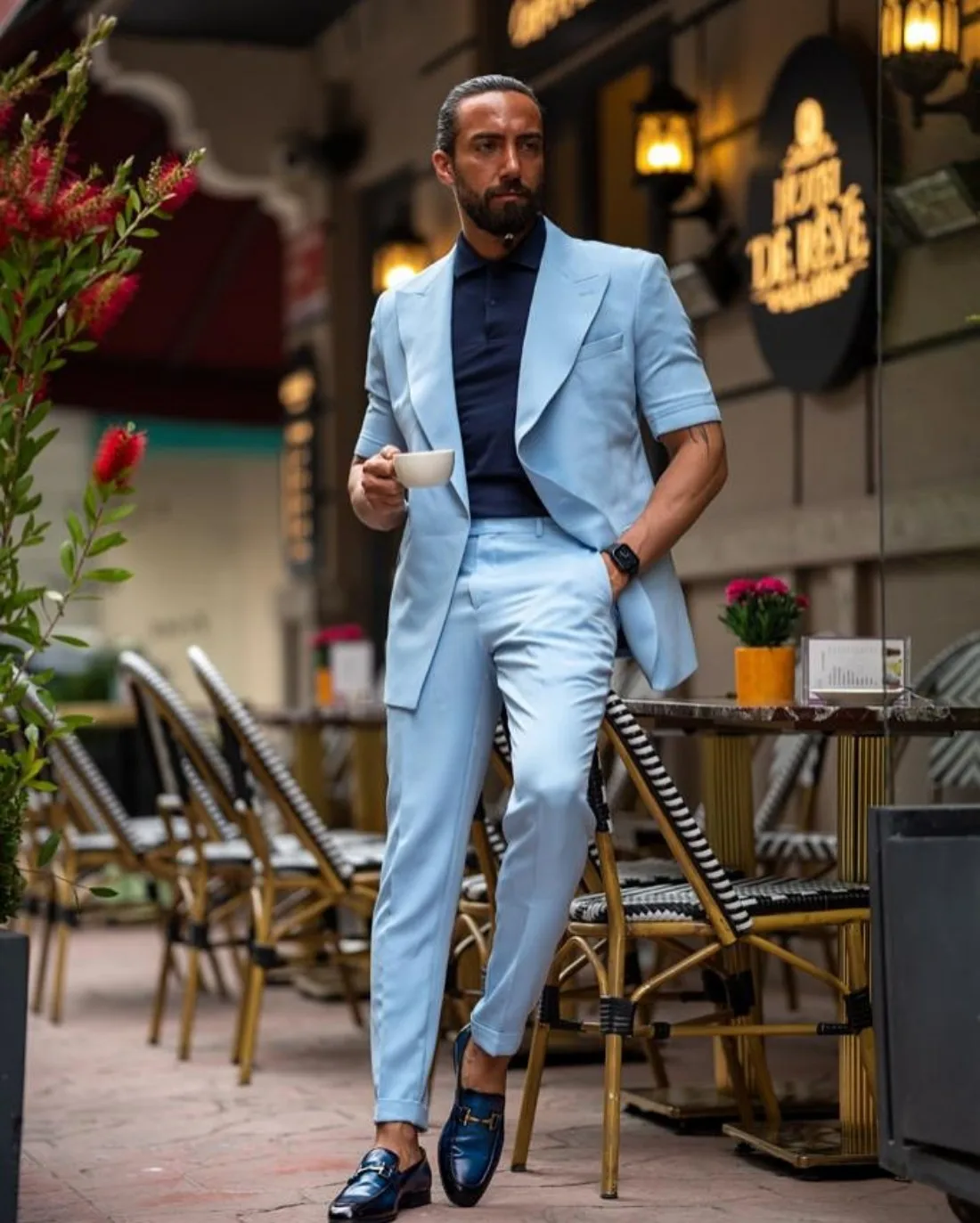 Sky Blue Summer Fashion Short Sleeves Men Suits Single Button Peak Lapel Suit 2 Piece Jacket& Pants Male Clothing Daily Casual