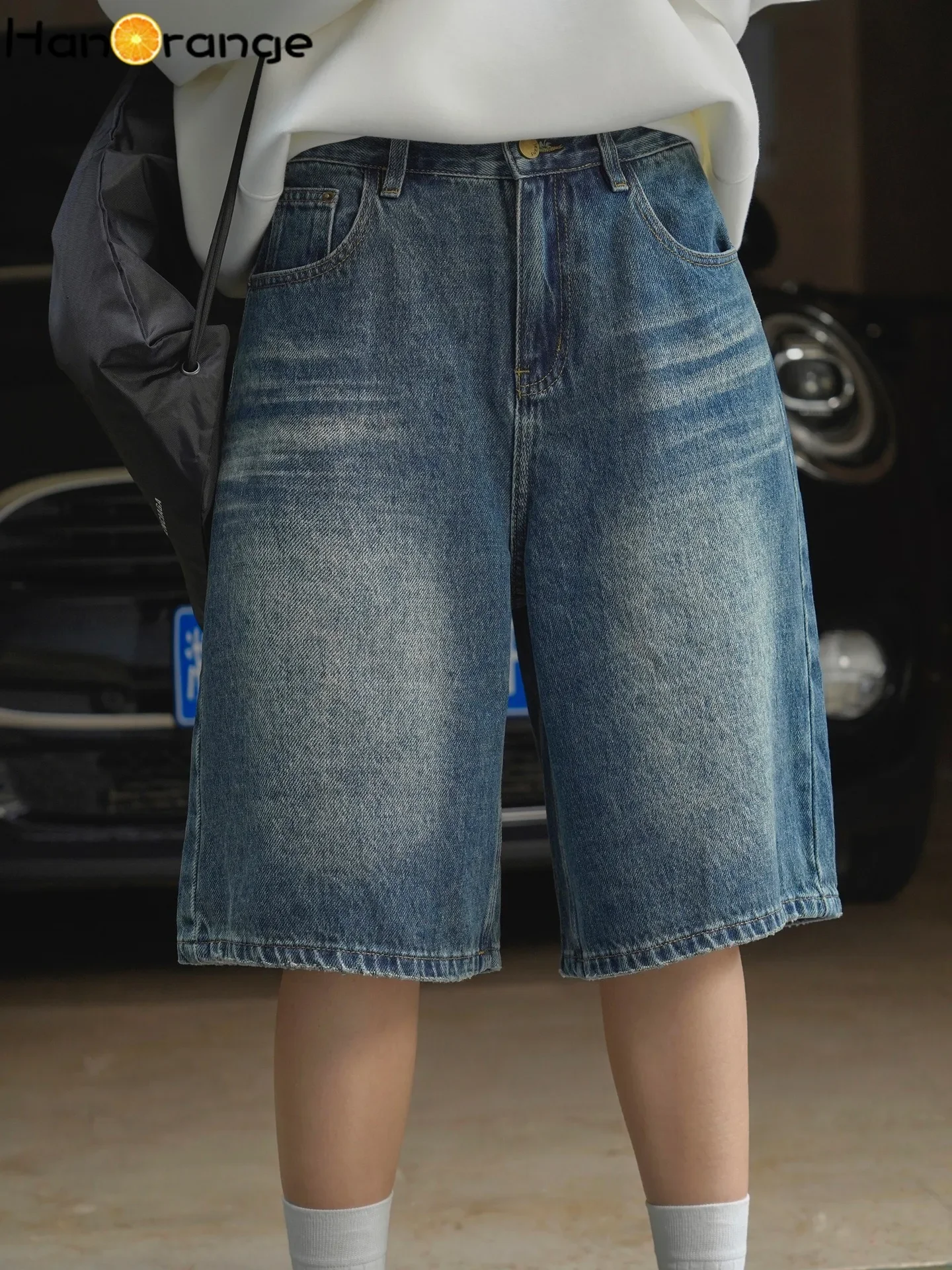 HanOrange 2025 Spring Retro Street Straight Leg High Waisted Fifth Jeans Women Loose Silhouette Denim Knee Length Pants Blue