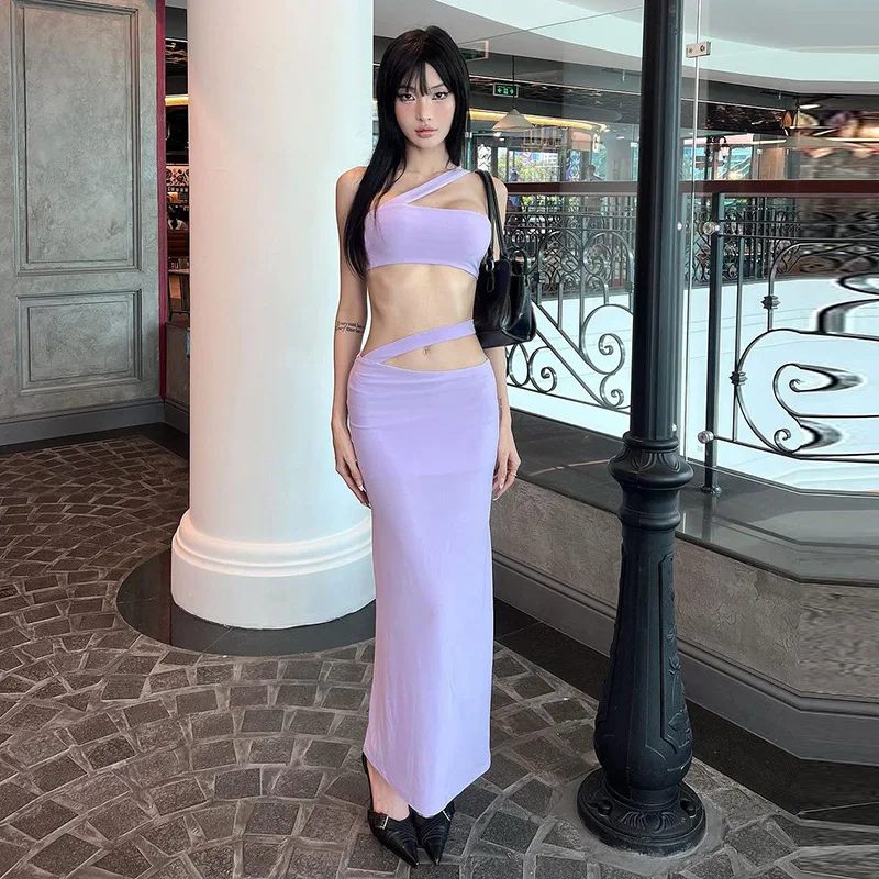 

2024 Summer new fashion off-shoulder pure color halter cutout navel vest dress set women