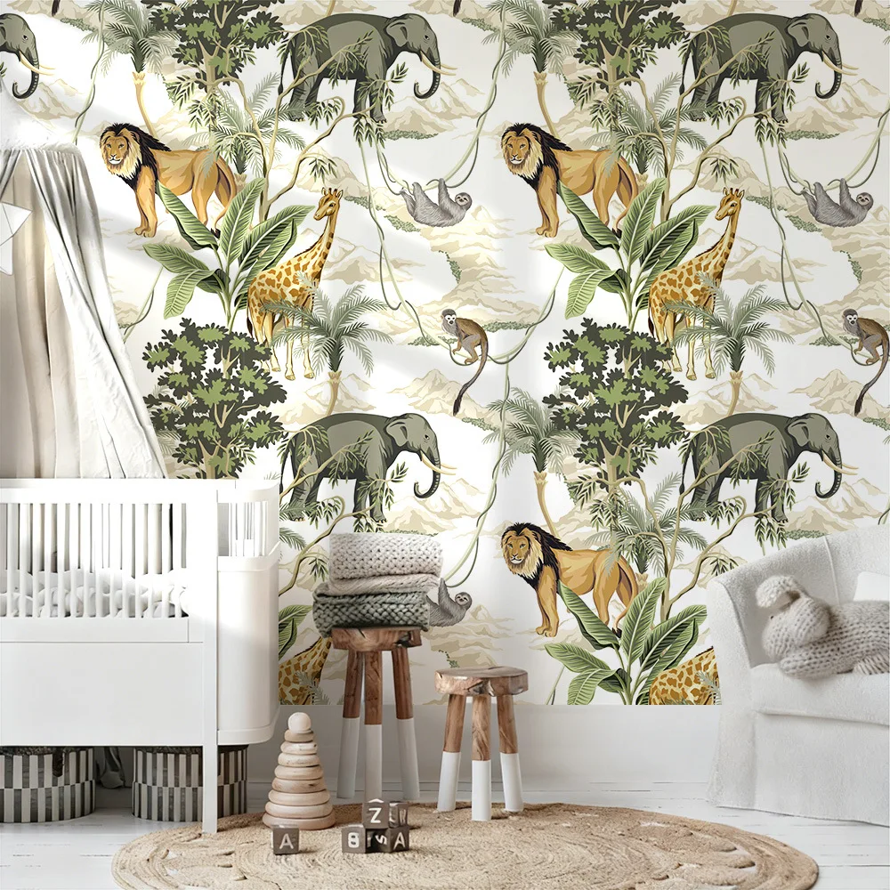 Jungle Animal Peel and Stick Wallpaper Lion Elephant Giraffe Monkey Print Wallpaper Palm Contact Paper for Kids Nursery Room