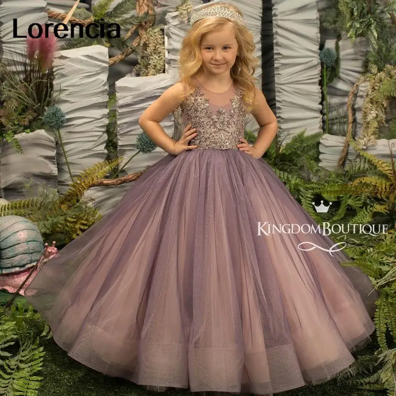 

Lorencia Purple Shiny Lace Tulle Flower Girl Dress 2024 Princess Ball Gown Beading Formal Pageant First Communion Gown YFD75