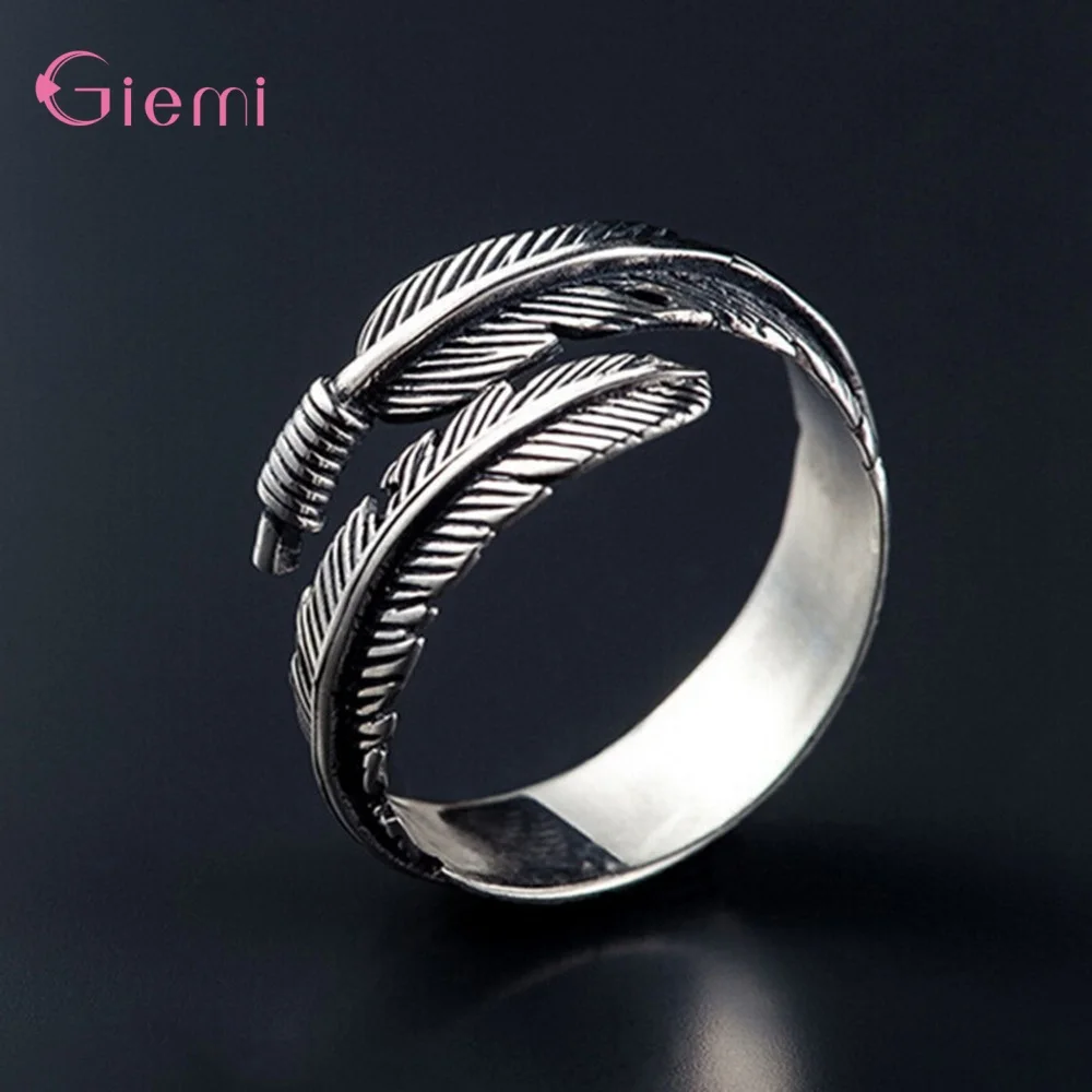 Vintage 925 Sterling Silver Tree Leaf Feather Open Adjustable Rings for Women Men Anniversary Party Jewelry Gifts Accessory