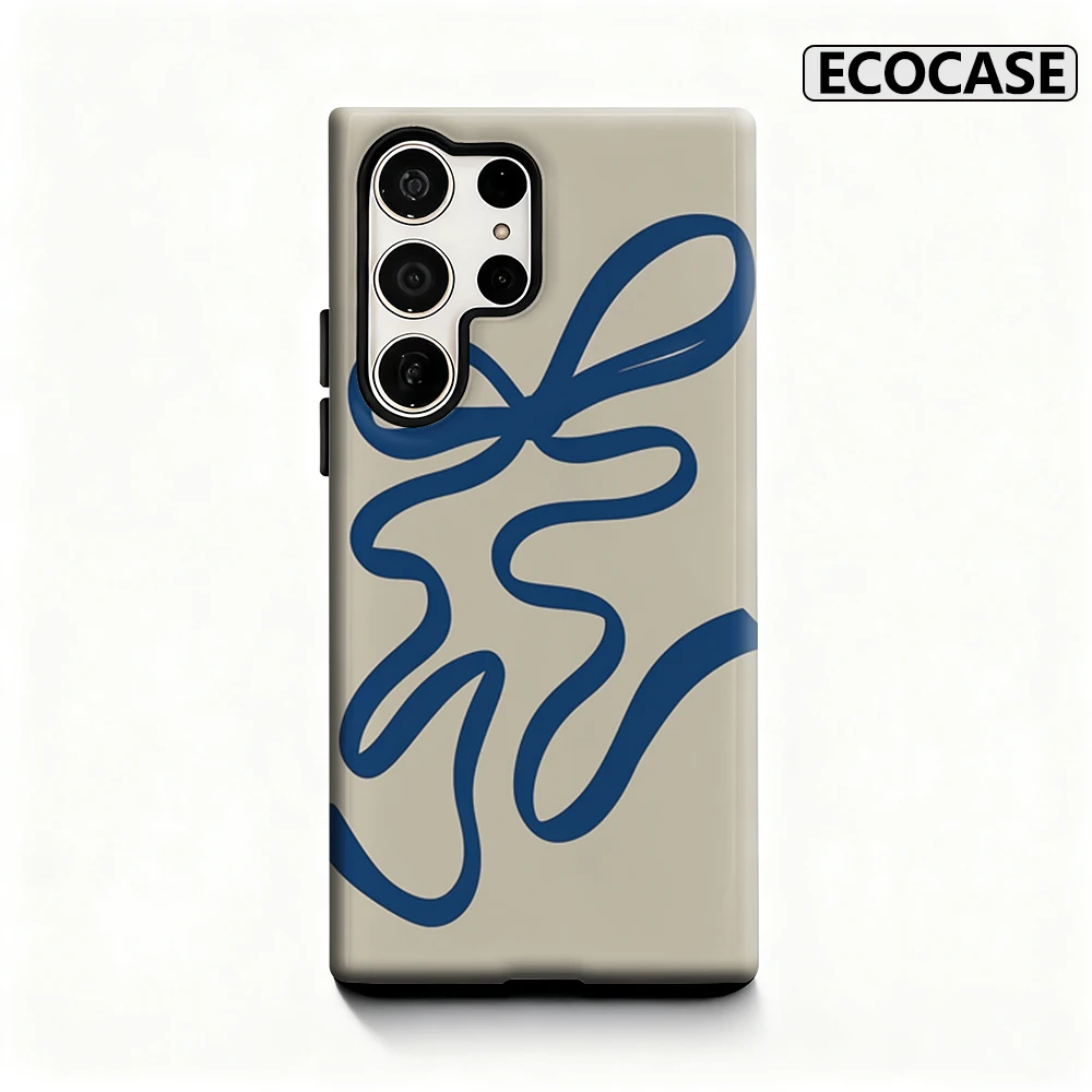 حافظة هاتف بفيونكة زرقاء كريمية لهاتف سامسونج جالاكسي S25 Ultra S24 S23 Ultra Plus غطاء خلفي لامع بطبقة مزدوجة