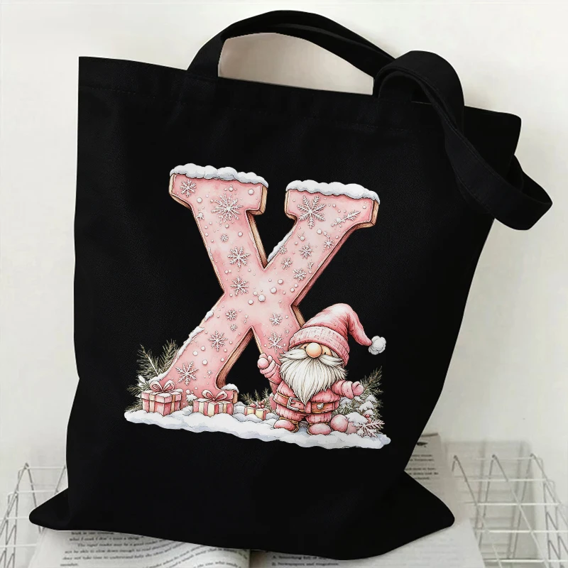 Santa Claus 26 Alphabet A-Z Print Canvas Bag for Women Handheld Bag Fashion Christmas Daily Shopping Crossbody Shoulder Tote Bag