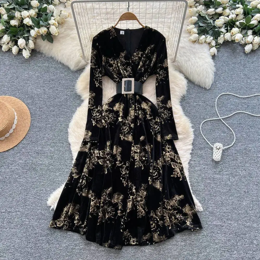 Elegant long sleeve velour print A-line dress korean fashion ceremony dresses women clothing