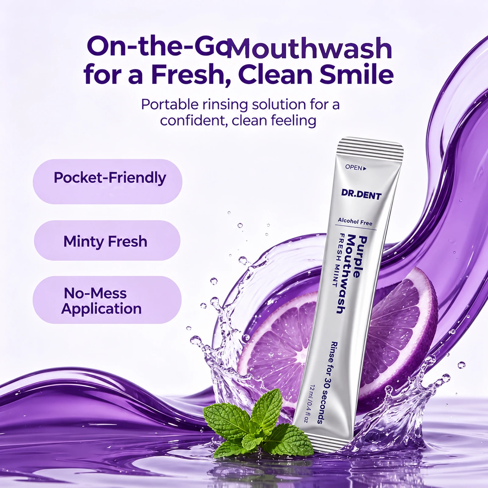 Travel Size Purple Mouthwash Mint Flavor Long Lasting Freshing Bad Breath Control Gentle Gum Care Portable Oral Rinse 20 Packs